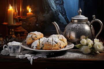 scones with a dusting of icing sugar and a teapot nearby