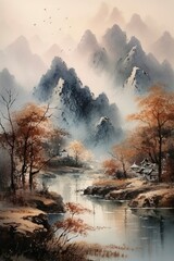 Painting of red trees and a river, in the style of traditional Chinese landscape. Generative AI.