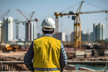 A middle age senior male successful construction engineer looking at construction project site. A engineering worker on industrial architecture design, project management, building logistics.