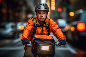 food delivery asian man riding a bike, wearing orange delivery uniform. Focused expression on face as navigates through the busy city streets at day time, neural network generated photorealistic image