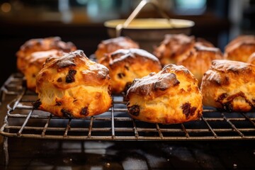 freshly baked scones cooling on a wire rack - obrazy, fototapety, plakaty