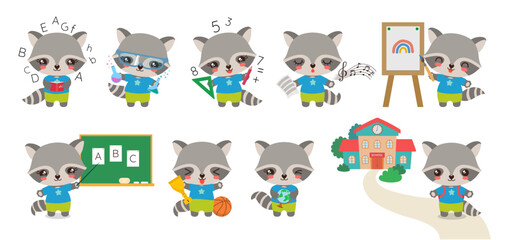 Back to school mascot set. Cartoon character preschool student and school supplies. Kawaii raccoon. Cute school clipart for teacher resourses, study app, ed tech web, stationery, sticker, animation.