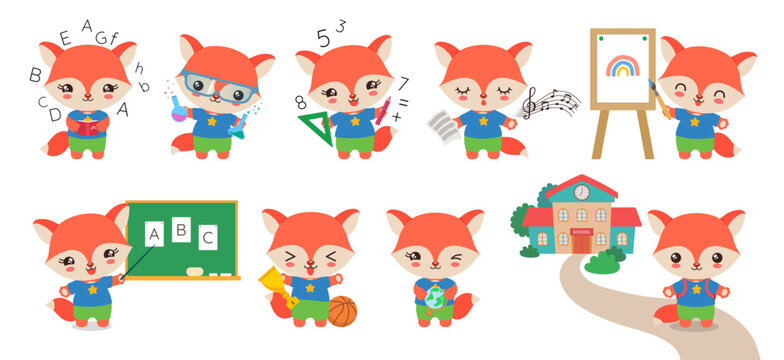 Back to school character set. Cartoon mascot preschool student and school supplies. Kawaii fox. Cute school clipart for teacher resourses, study app, ed tech web, stationery, sticker, animation.