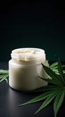 Fototapeta na wymiar white jar of face cream with marijuana/hemp oil created using generative Ai tools