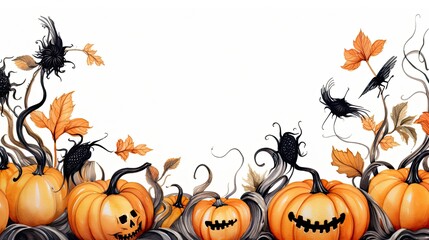 Watercolor Halloween background with bright pumpkins, flowers
