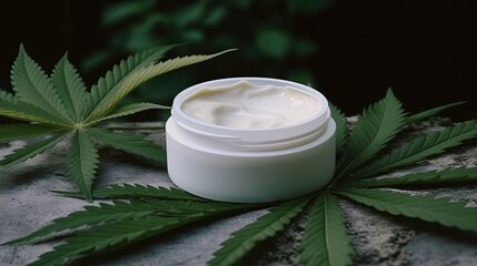 Obraz na płótnie Canvas white jar of face cream with marijuana/hemp oil created using generative Ai tools
