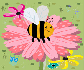 vector cute  bee on the big flower