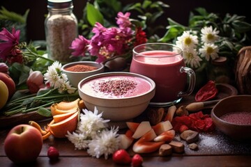 artistic shot of smoothie bowl ingredients scattered on a table