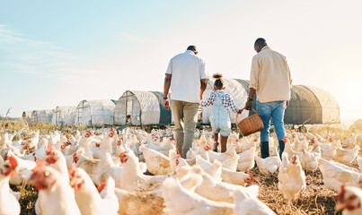 Happy, holding hands and chicken with black family on farm for agriculture, environment and...