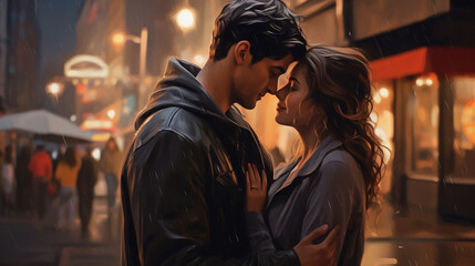 Obraz premium Illustration of a romantic young couple in love, kissing in a lovely evening on a busy road