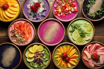 overhead view of colorful smoothie bowls with various toppings
