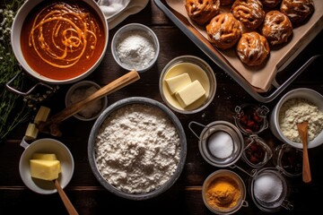overhead view of ingredients for homemade pretzels