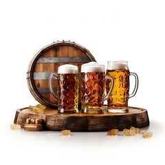Beer glasses with beer barrel on isolated background generative ai