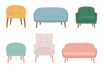 Set of sofas and armchairs in cartoon flat style. Interior furniture.