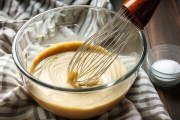 homemade waffle batter in a mixing bowl with whisk