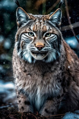 Fototapeta premium A lynx was stealthily prowling through the snowy forest. Generative AI.