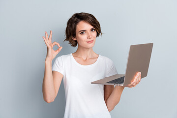 Photo of charming clever girl with bob hairstyle dressed white t-shirt holding laptop showing okey...