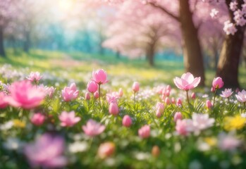 Fototapeta premium Beautiful blurred spring background nature with blooming glade