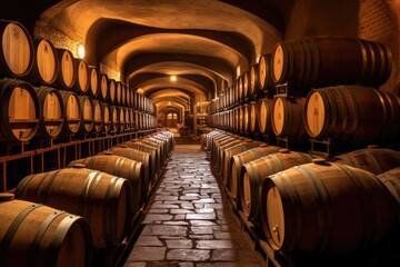 oak barrels aging wine in a cellar