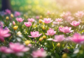 Fototapeta premium Beautiful blurred spring background nature with blooming glade