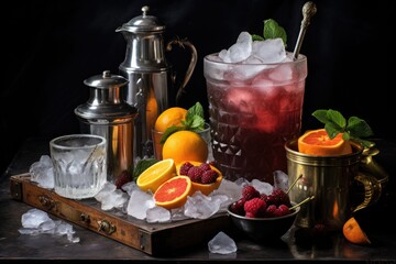 ice bucket, fruit garnishes, and bitters for classic cocktails