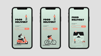 Food delivery app. Food delivery characters illustration, food delivery driver, food delivery service. Food delivery driver on moped.