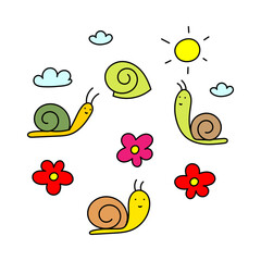 Colored vector isolated set of different snails, flowers and sun on the sky