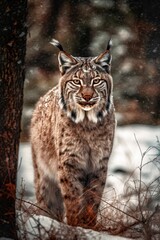 Fototapeta premium A lynx was stealthily prowling through the snowy forest. Generative AI.