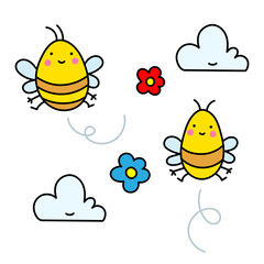 Color vector illustration of bees, flowers and clouds