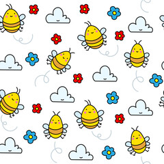 Colored vector pattern of bees, flowers, clouds