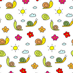 Colored vector pattern of different snails, flowers and the sun on the sky