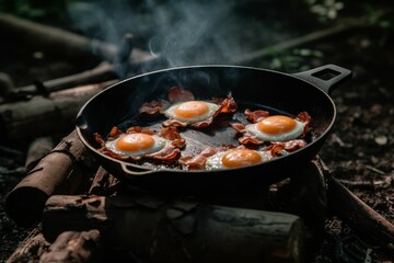 Camping breakfast eggs pan. Generate Ai