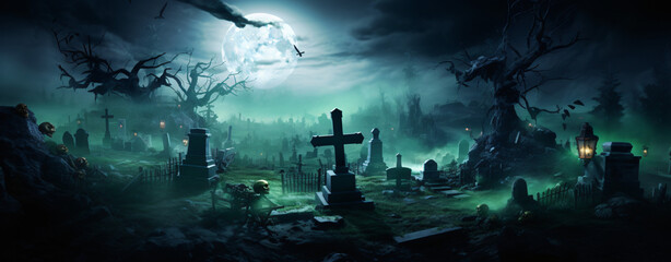 A halloween cemetery and graveyard with a full moon