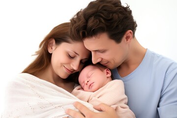 Both the mother and father lovingly cradle their newborn baby