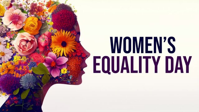 Women's Equality Day animation with colorful flowers and typography on side. Genrative ai