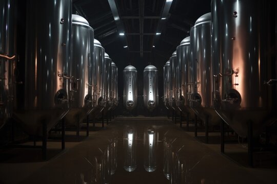 row of cryonic storage tanks in a dimly lit facility