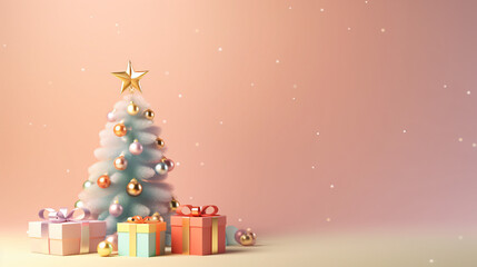 Christmas tree and gift 3D gradient pastel background