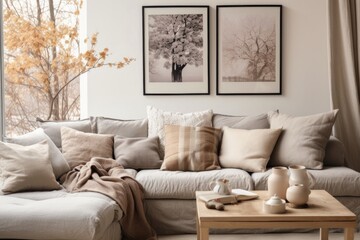 neutral-colored throw pillows and blankets on couch