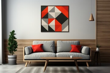 modern geometric wall art above a sleek couch