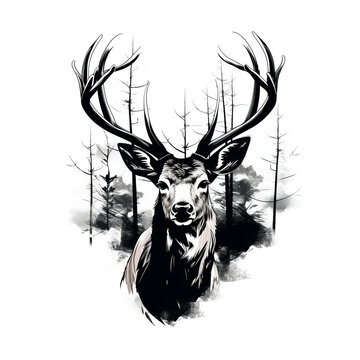 Hirsch Schwarz Wei&szlig; Gem&auml;lde Deer Black and White Painting