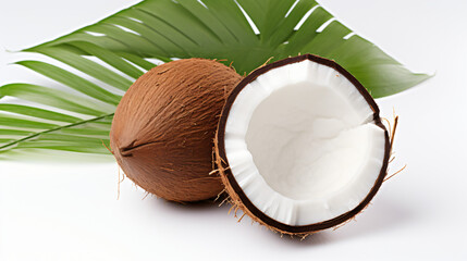 Fototapeta na wymiar Coconut with half and leaves isolated on white background