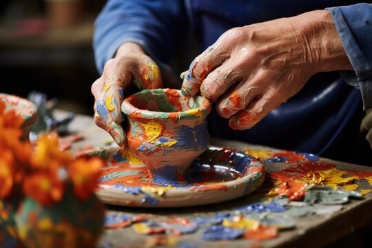 hands of an artist painting pottery with focus on brush