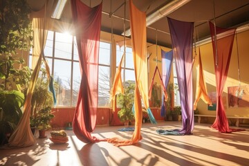 aerial silks hanging in a sunlit studio