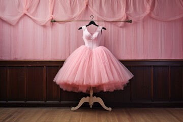 pink tutu hanging on a ballet barre