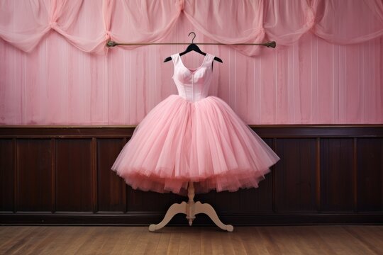 pink tutu hanging on a ballet barre