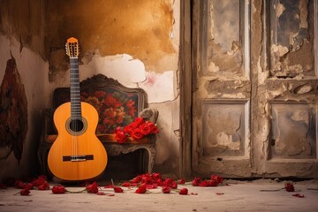 flamenco guitar resting against a traditional backdrop