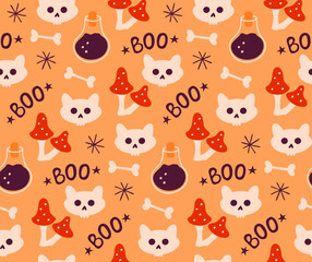 Seamless autumn pattern for Halloween day. Cute cat wallpaper