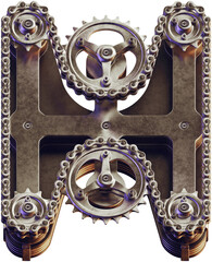 Vintage mechanical letter H. 3d rendering of steampunk style font made of bike gears and chain.