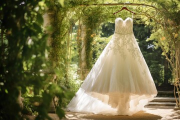 Wedding dress hanging on hanger in garden