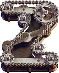 Vintage mechanical letter A. 3d rendering of steampunk style font made of bike gears and chain.